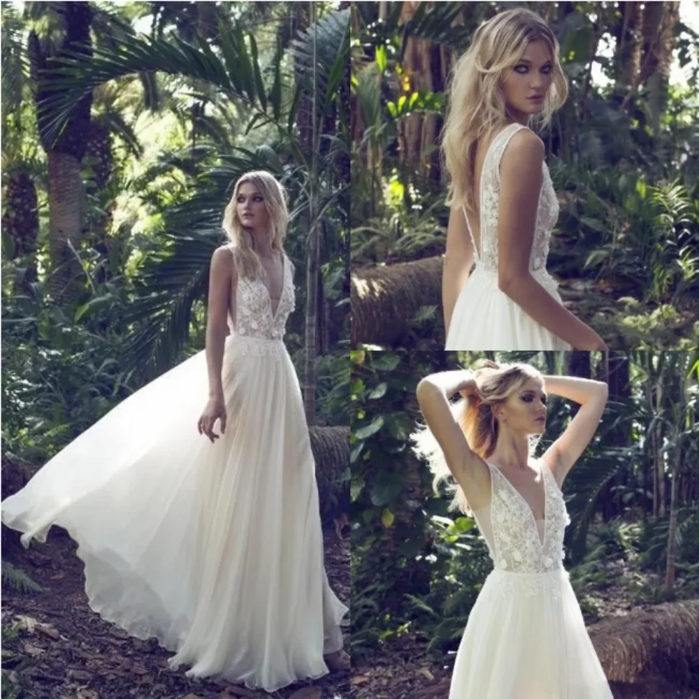 Rosen Wedding Limor d Floral Appliques Sleeveless V Neck A Line Bridal Gowns Lace Vintage Low Back Beach Dresses Brial intage
